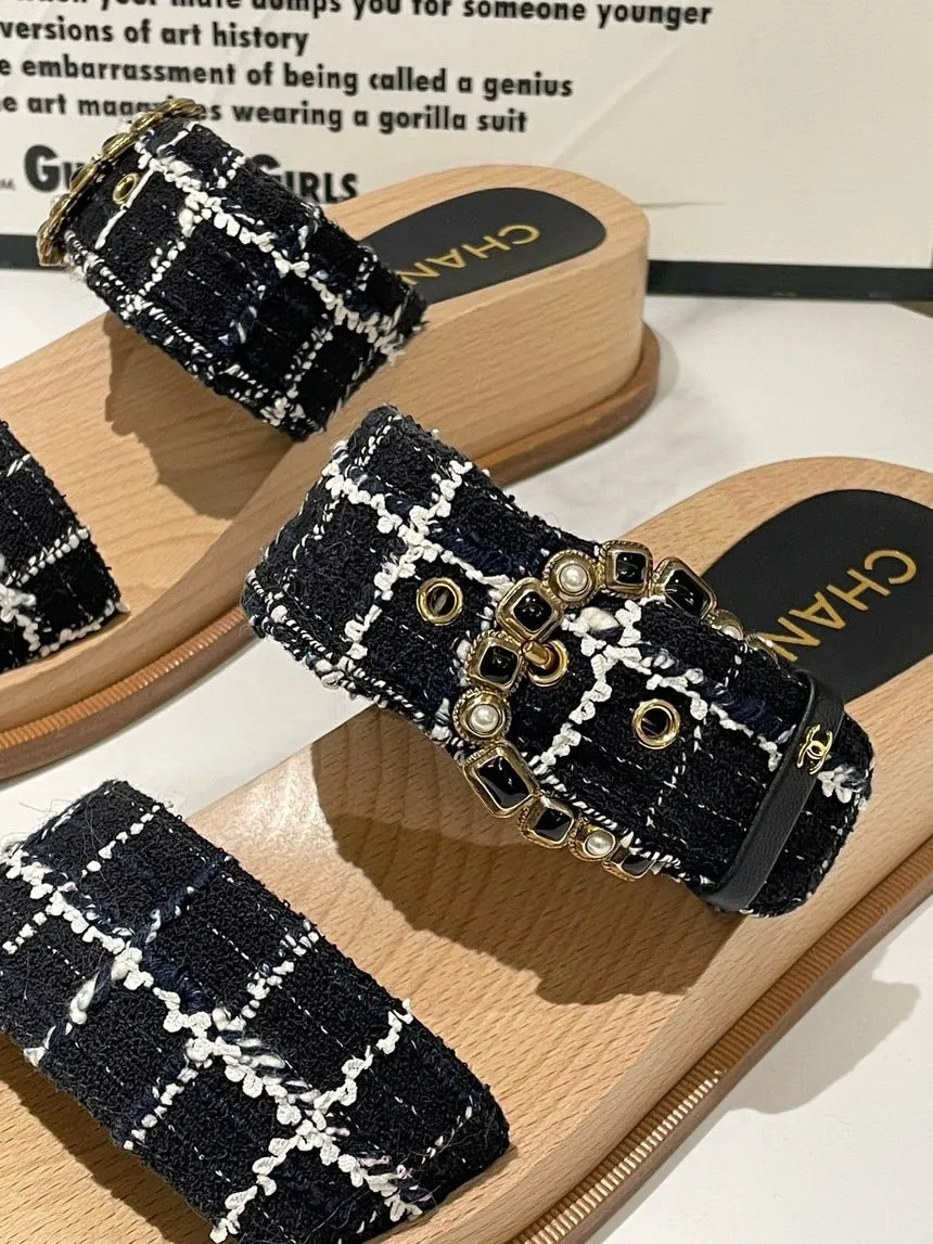 Chanel Black Plaid Wood Sandals Size 38