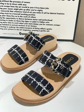 Chanel Black Plaid Wood Sandals Size 38