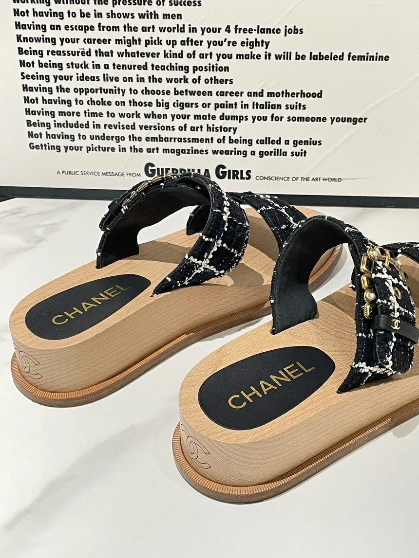 Chanel Black Plaid Wood Sandals Size 38