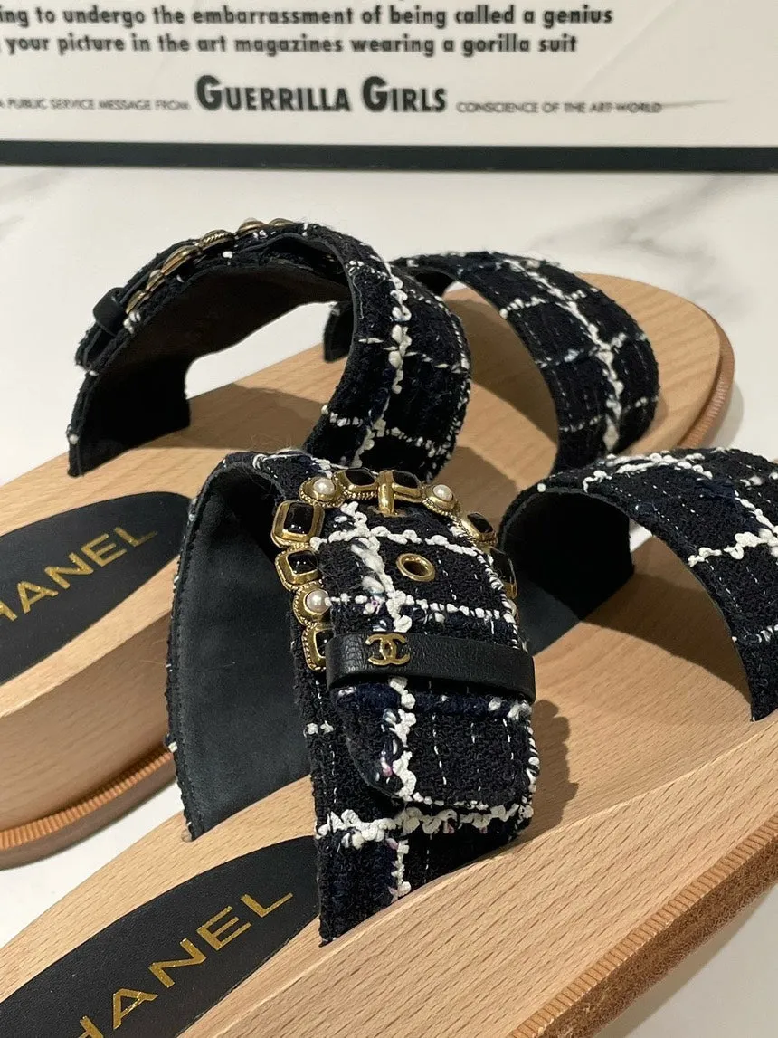 Chanel Black Plaid Wood Sandals Size 38