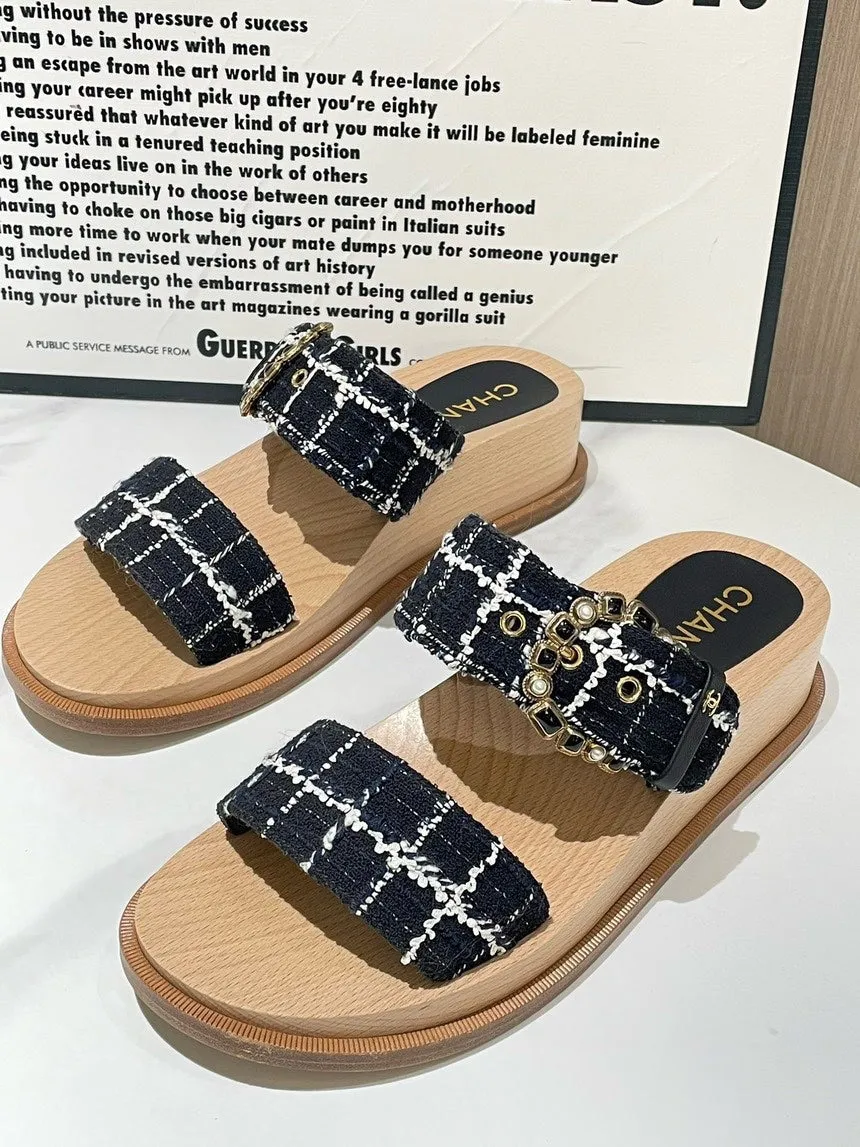 Chanel Black Plaid Wood Sandals Size 38