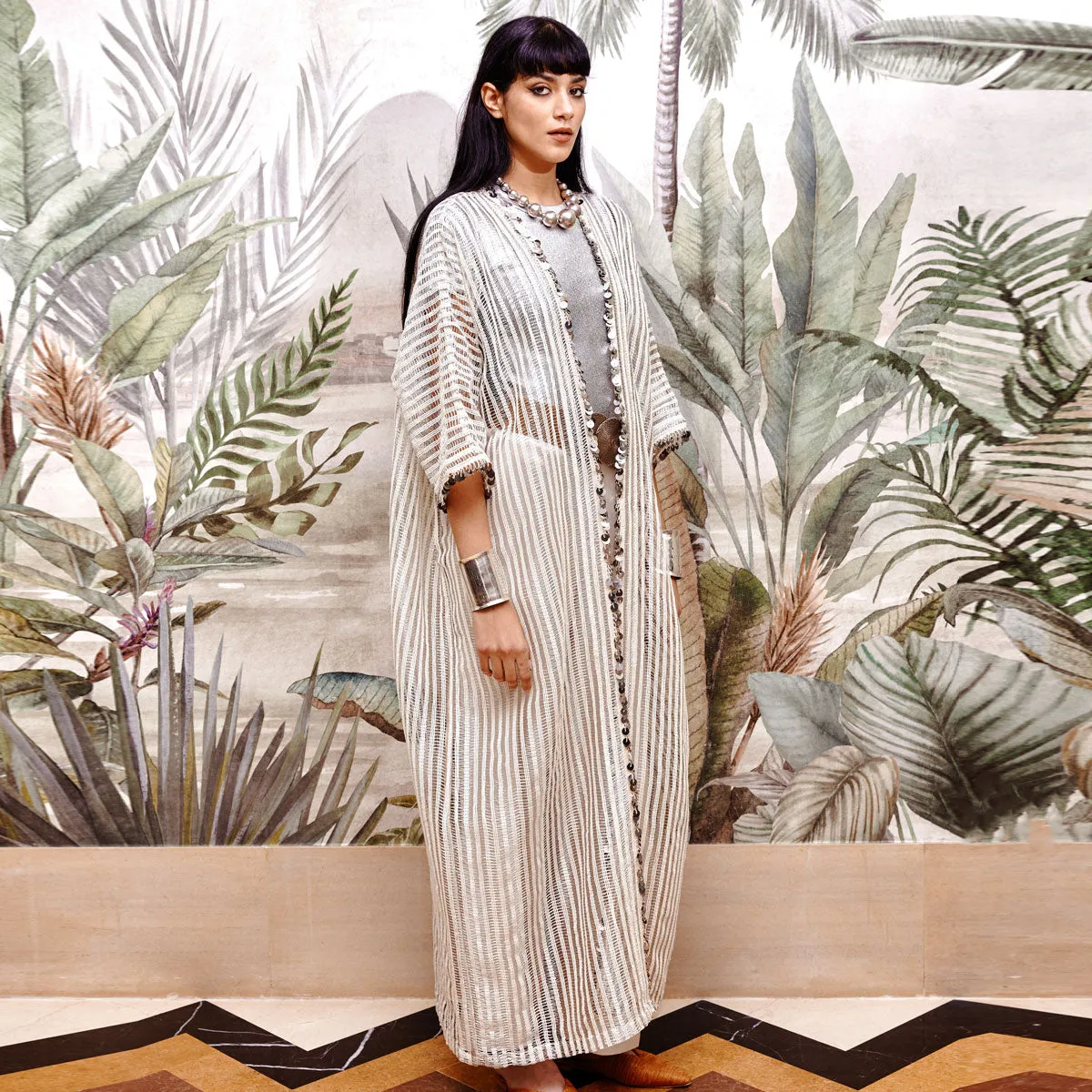 GLOW WHITE SILVER MESH ABAYA
